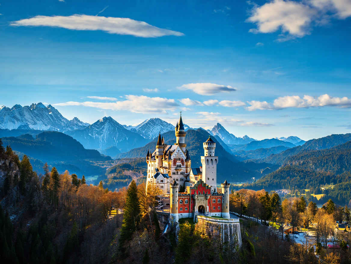 Majestätische Bayerische Alpen mit Schloss Neuschwanstein im Sonnenschein